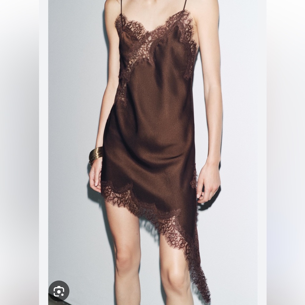 Zara Brown Lace-Trim Slip Mini Dress